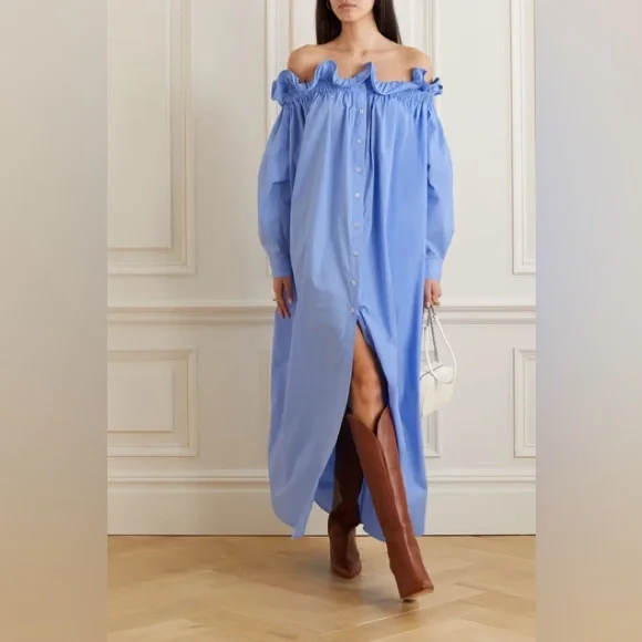 NWT AZ FACTORY+Lutz Huelle Sunset off-the-shoulder pleated cotton-poplin maxi - Picture 2 of 14